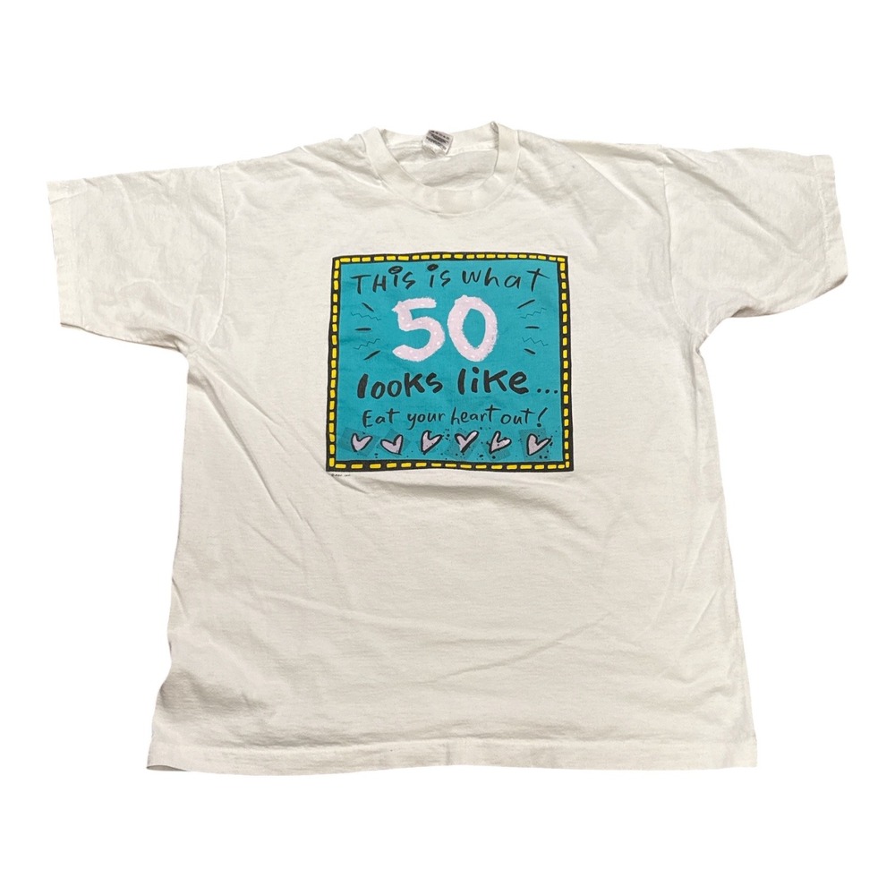 Vintage Fruit of the Loom 50th Birthday T-Shirt XL White Made in USA 90s Graphic